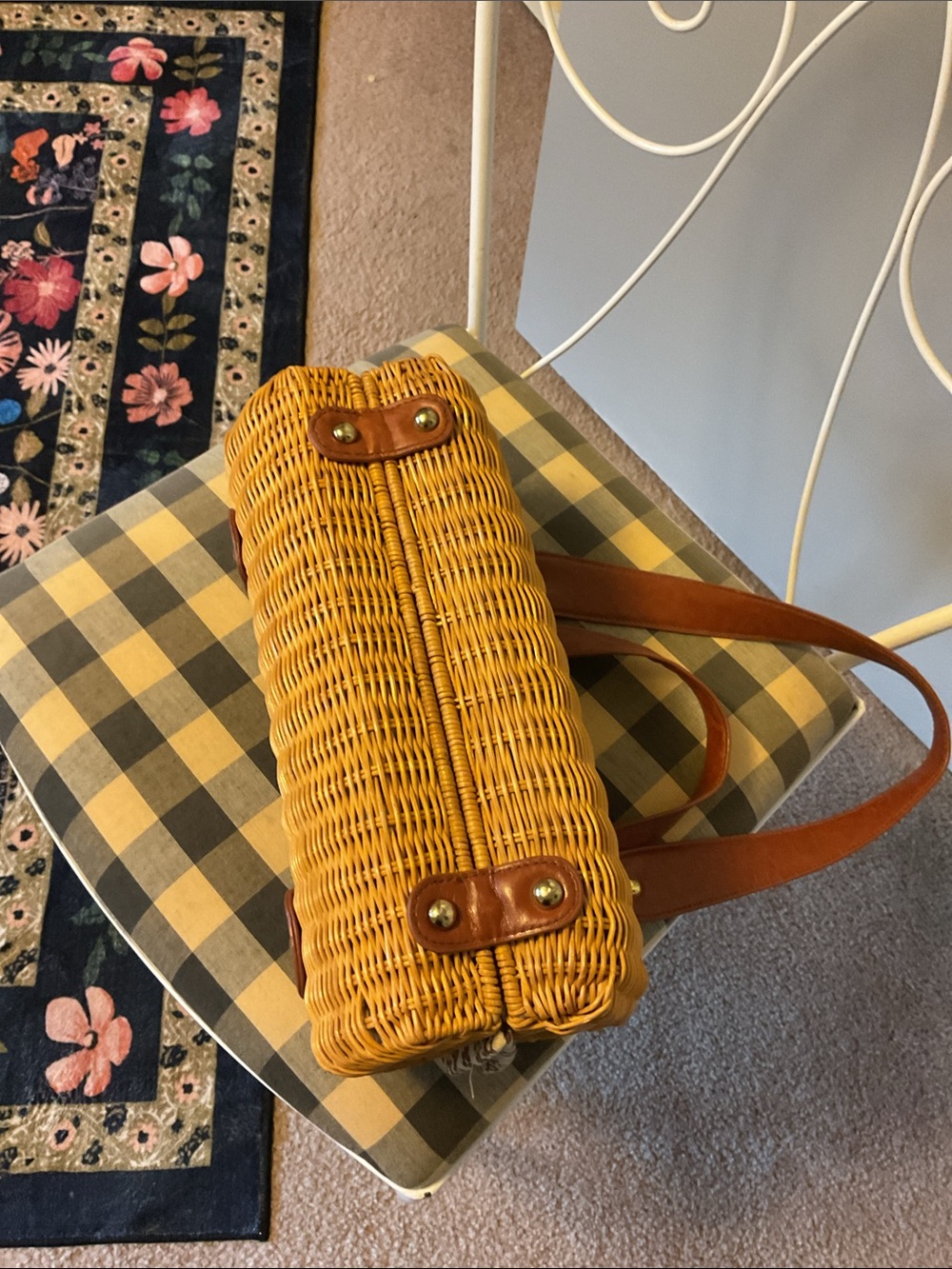 Woven Straw Barrel Tote with Brown Leather Trim - Picture 4 of 4